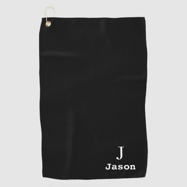 Elegant Monogram Initial Name Personalized Black Golf Towel (Front)