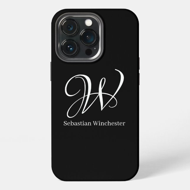 Elegant monogram initial name script black white iPhone case (Back)