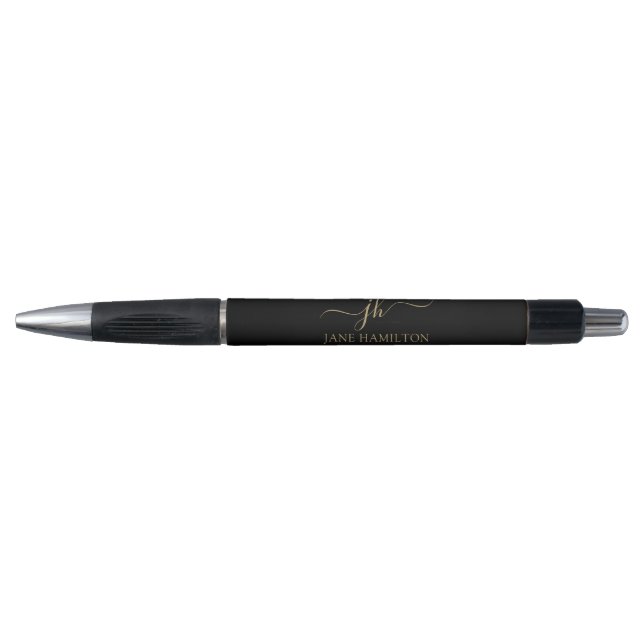 Elegant Monogram Initial Script Name Black Gold Pen (Front)