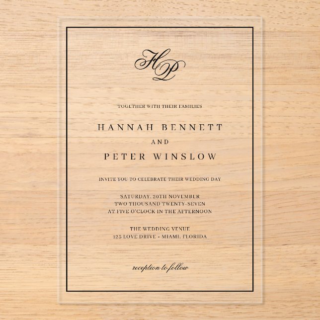 Elegant Monogram Initials Black Frame Wedding Acrylic Invitations (Front)