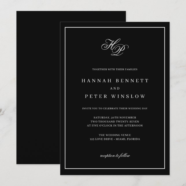 Elegant Monogram Initials Black Frame Wedding Invitation (Front/Back)