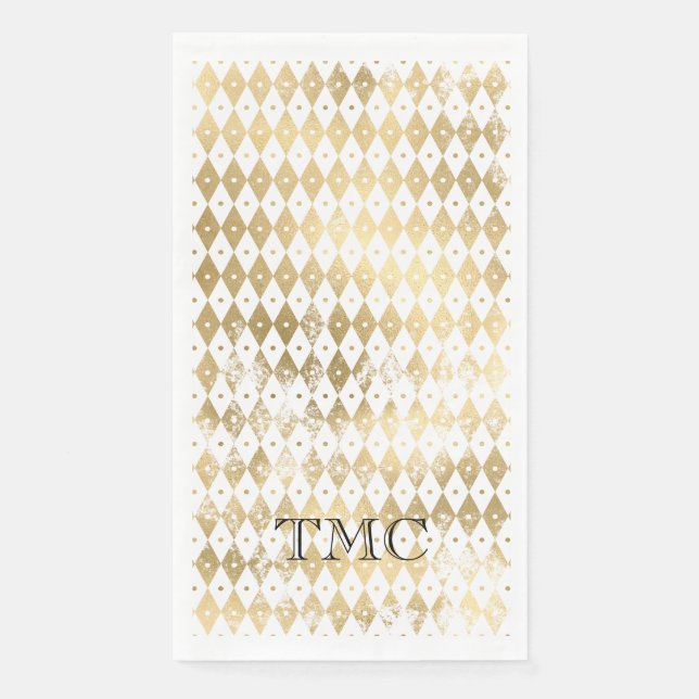 Elegant Monogram Initials Black Gold Harlequin Napkin (Front)