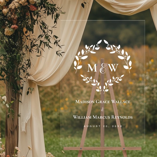 Elegant Monogram Initials Wreath Wedding Crest  Acrylic Sign (Luxury Acrylic transparent wedding crest monogram sign)