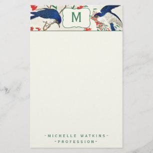 Elegant Monogram Japanese Woodblock Bird Stationery