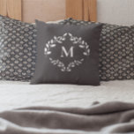 Elegant Monogram Laurel Leaves Crest Custom Throw Pillow<br><div class="desc">Add a touch of elegance to any space with this custom monogram accent pillow featuring a classic laurel leaves crest. The simple grey background and regal laurel wreath design provide a sophisticated, timeless look that complements modern and traditional decor alike. Personalize with an initial monogram to create a one-of-a-kind accent...</div>