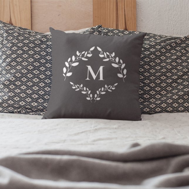 Elegant Monogram Laurel Leaves Crest Custom Throw Pillow (Master bedroom Monogram laurel leaves wreath accent pillow)