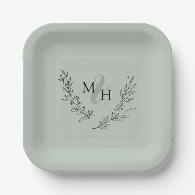 Elegant Monogram Laurel Wreath Sage Wedding Paper Plate (Front)