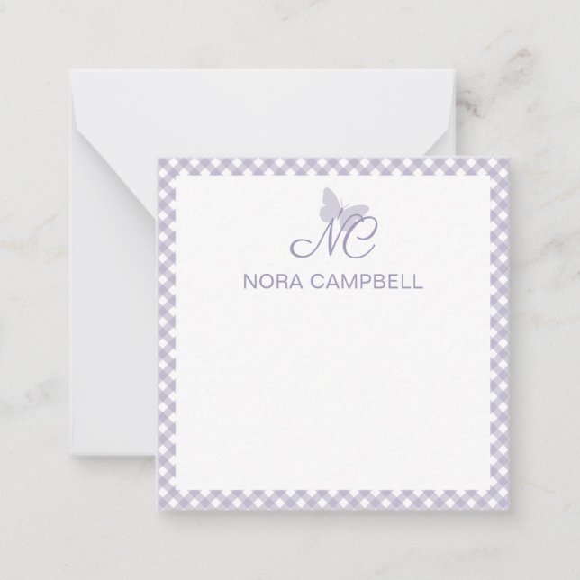 Elegant Monogram Lavender Gingham Personalized Card (Front)