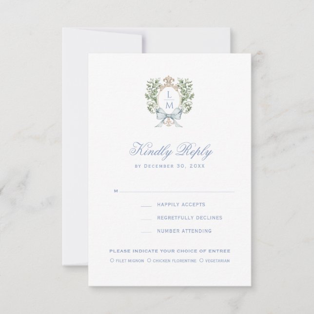 Élégant Monogram Leaf Crest avec carte RSVP Bow (Devant)