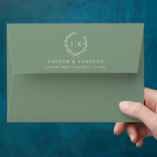 Elegant Monogram Leaf Crest Sage Green Wedding Envelope