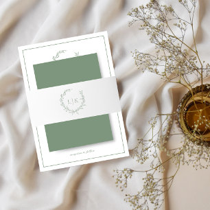 Elegant Monogram Leaf Crest Sage Green Wedding Invitation Belly Band