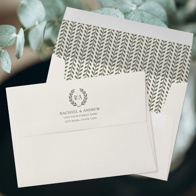 Elegant Monogram Leaf Green Cream Wedding Envelope (Creator Uploaded)