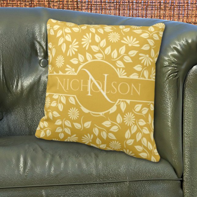 Elegant Monogram Leaves Daisies Custom Name Gold Throw Pillow (Creator Uploaded)