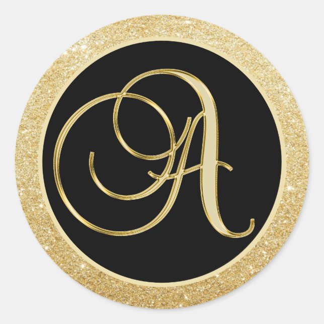 Elegant Monogram Letter A Black Gold Glitter Seals (Front)