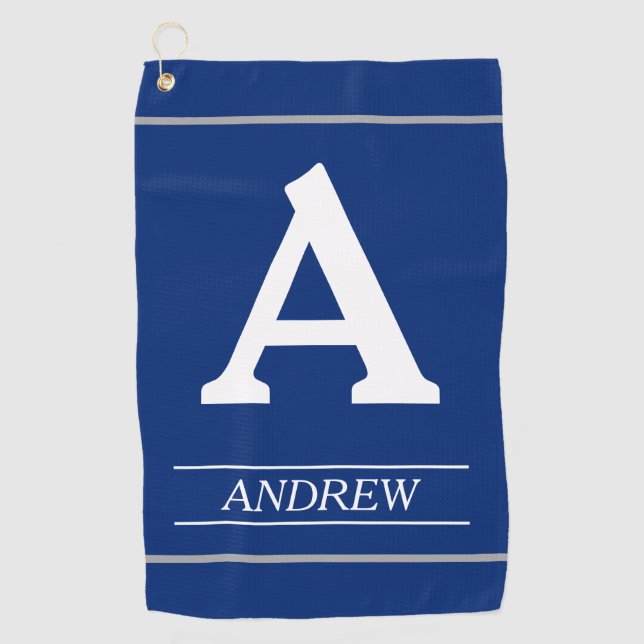 Elegant, Monogram Letter and Name Blue Golf Towel (Front)