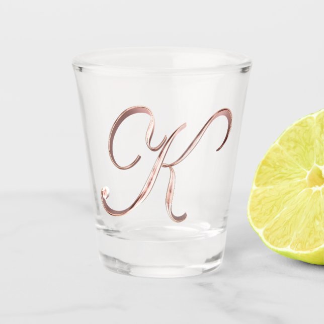 Elegant Monogram Letter K Faux Rose Gold Chic Shot Glass (Front)