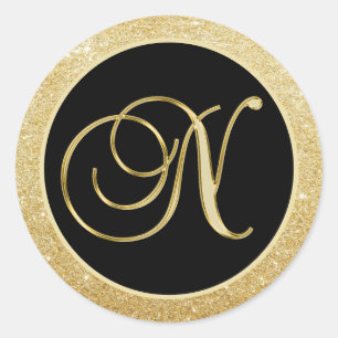 Elegant Monogram Letter N Black Gold Glitter Seals