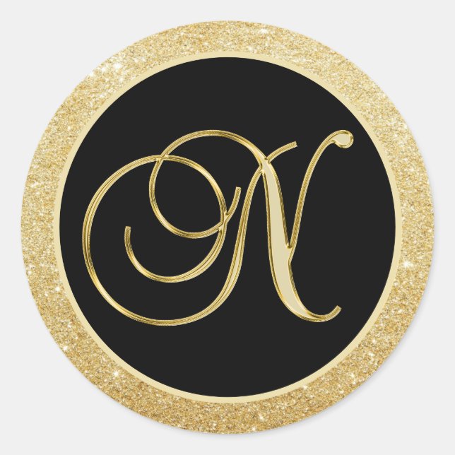 Elegant Monogram Letter N Black Gold Glitter Seals (Front)