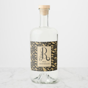 Elegant Monogram Letter R, Black & Gold Leaf Liquor Bottle Label