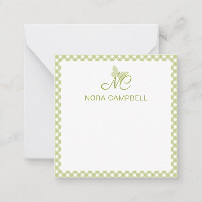 Elegant Monogram Light Green Gingham Personalized Card (Front)