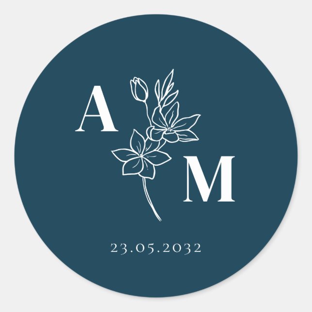 Elegant, Monogram, Line Art Flower, Weddings Classic Round Sticker (Front)