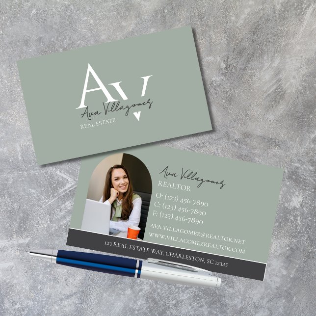 Elegant Monogram Logo Green Professional Business Card (Elegant and professional agent business card that makes a great first impression!)