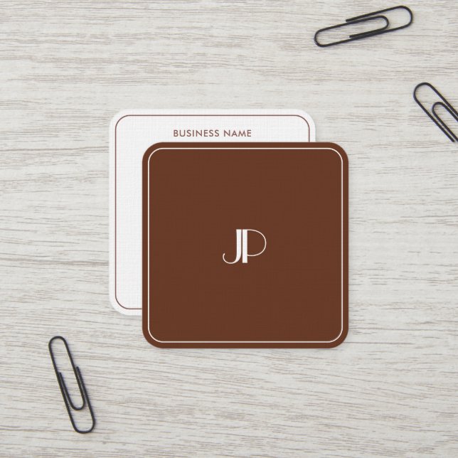 Elegant Monogram Luxury Premium Linen Terracotta Square Business Card (Front/Back In Situ)