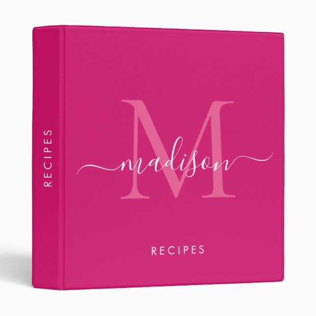 Elegant Monogram Magenta Pink Script Name Recipe Binder (Front/Spine)