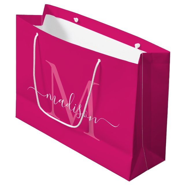 Elegant Monogram Magenta Pink White Elegant Script Large Gift Bag (Front Angled)