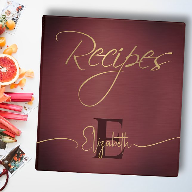 Elegant Monogram Maroon Gold Script Recipe Name Binder (Creator Uploaded)