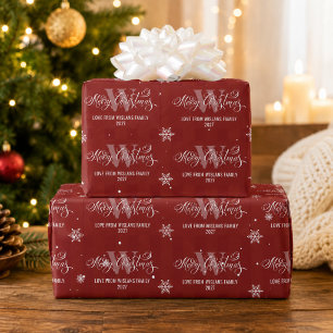 Elegant Monogram Merry Christmas Calligraphy Red  Wrapping Paper