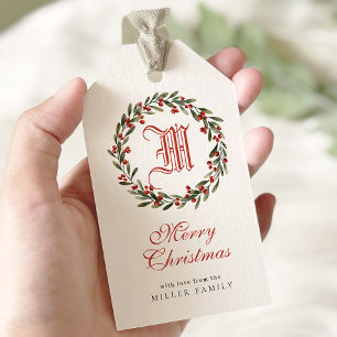 Elegant Monogram Merry Christmas Holiday Wreath Gift Tags