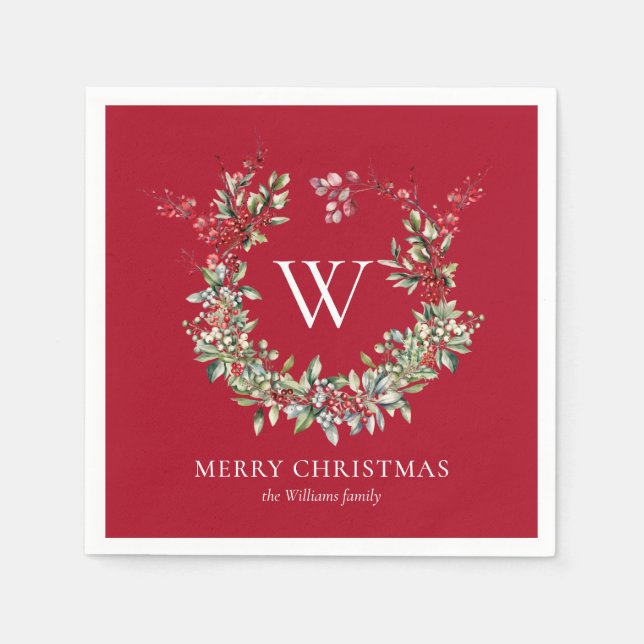 Elegant Monogram Merry Christmas Holiday Wreath Napkin (Front)