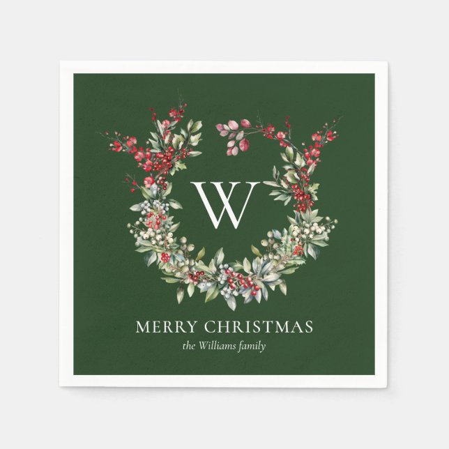 Elegant Monogram Merry Christmas Holiday Wreath Napkin (Front)