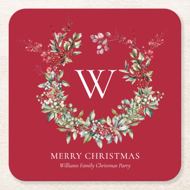 Elegant Monogram Merry Christmas Holiday Wreath Square Paper Coaster (Front)