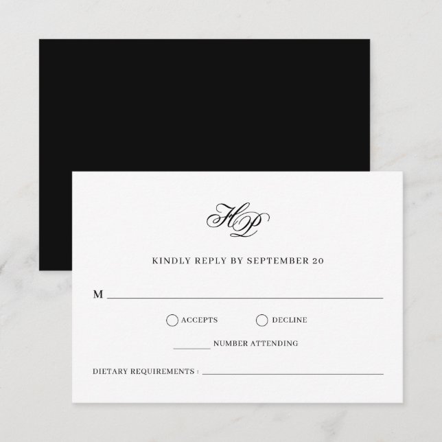 Elegant Monogram Minimal Black & White Wedding RSVP Card (Front/Back)