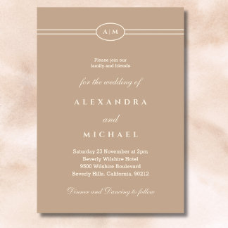 Elegant Monogram Minimalist Cream Taupe Wedding  Invitation