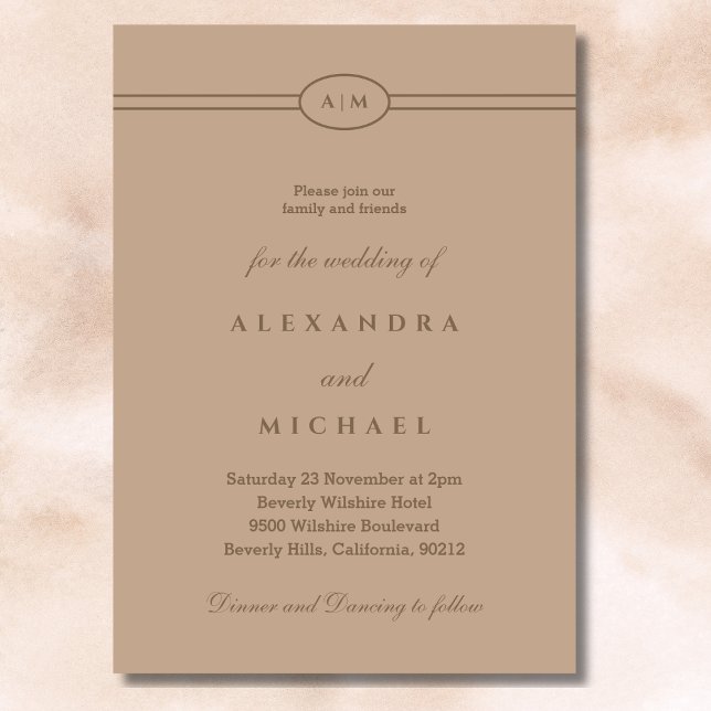 Elegant Monogram Minimalist Taupe Wedding  Invitation (Creator Uploaded)