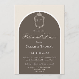 Elegant Monogram Mocha Wedding Rehearsal Dinner In Invitation