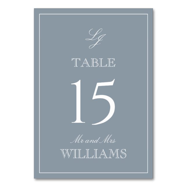 Elegant Monogram Modern Script Dusty Blue Wedding Table Number (Front)