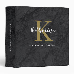Elegant Monogram Name Black Gold Marble Script Binder