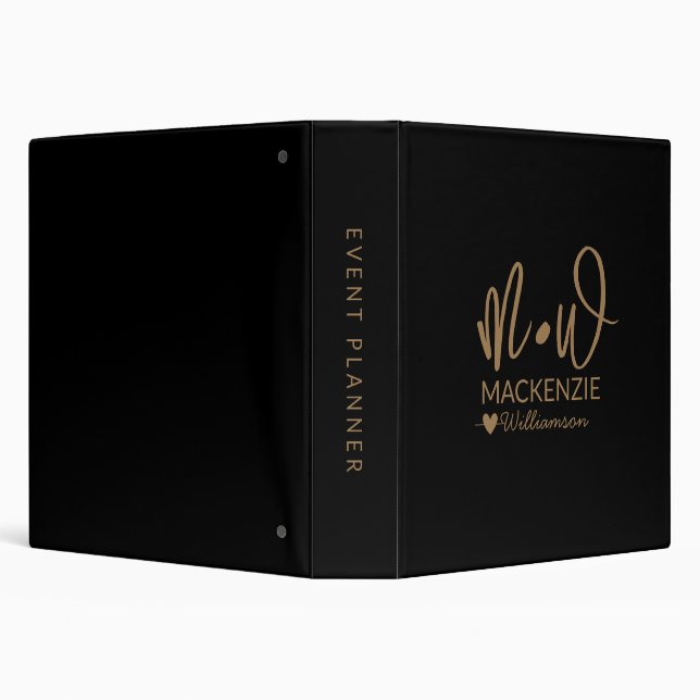 Elegant Monogram Name Black Gold Script Business  Binder (Background)