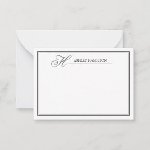 Elegant Monogram Name Black Grey Note Card