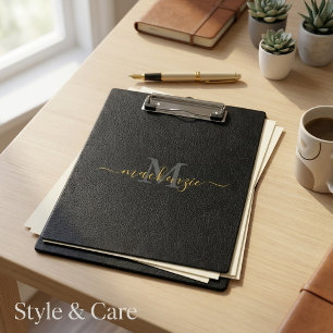 Elegant Monogram Name Black Leather Style Clipboard