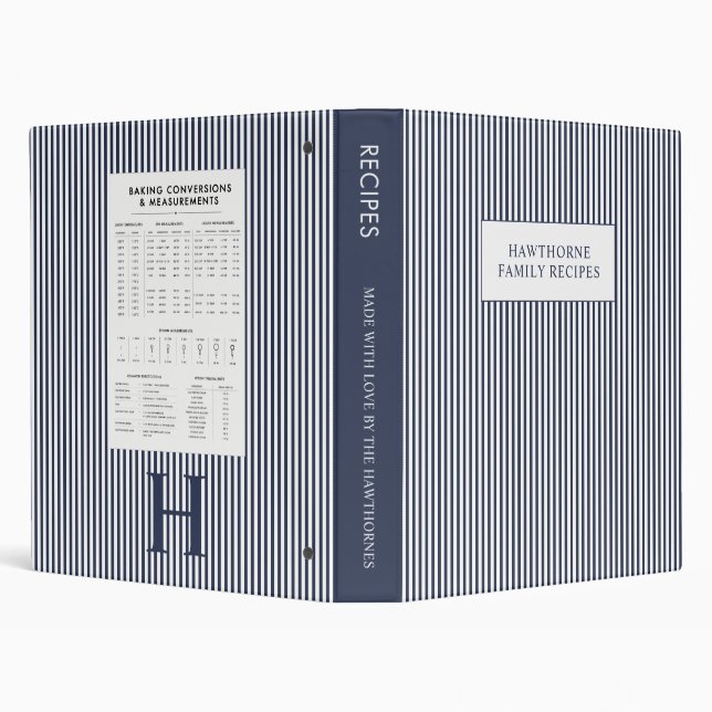Elegant Monogram Name Blue Stripes Recipe Binder (Background)