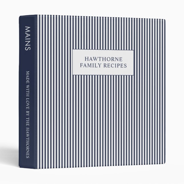 Elegant Monogram Name Blue Stripes Recipe Binder (Front/Spine)