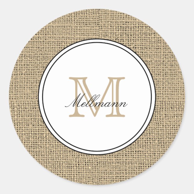 Elegant Monogram Name Country Chic Style Burlap Classic Round Sticker (Front)