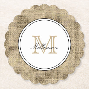 Elegant Monogram Name Country Chic Style Burlap Paper Coaster