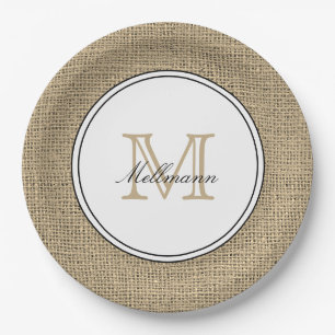 Elegant Monogram Name Country Chic Style Burlap Paper Plate