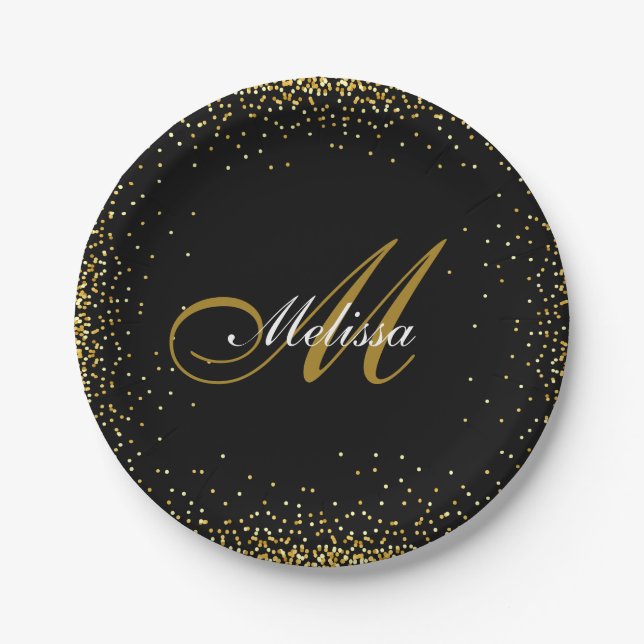 elegant monogram name gold glitter black paper plate (Front)